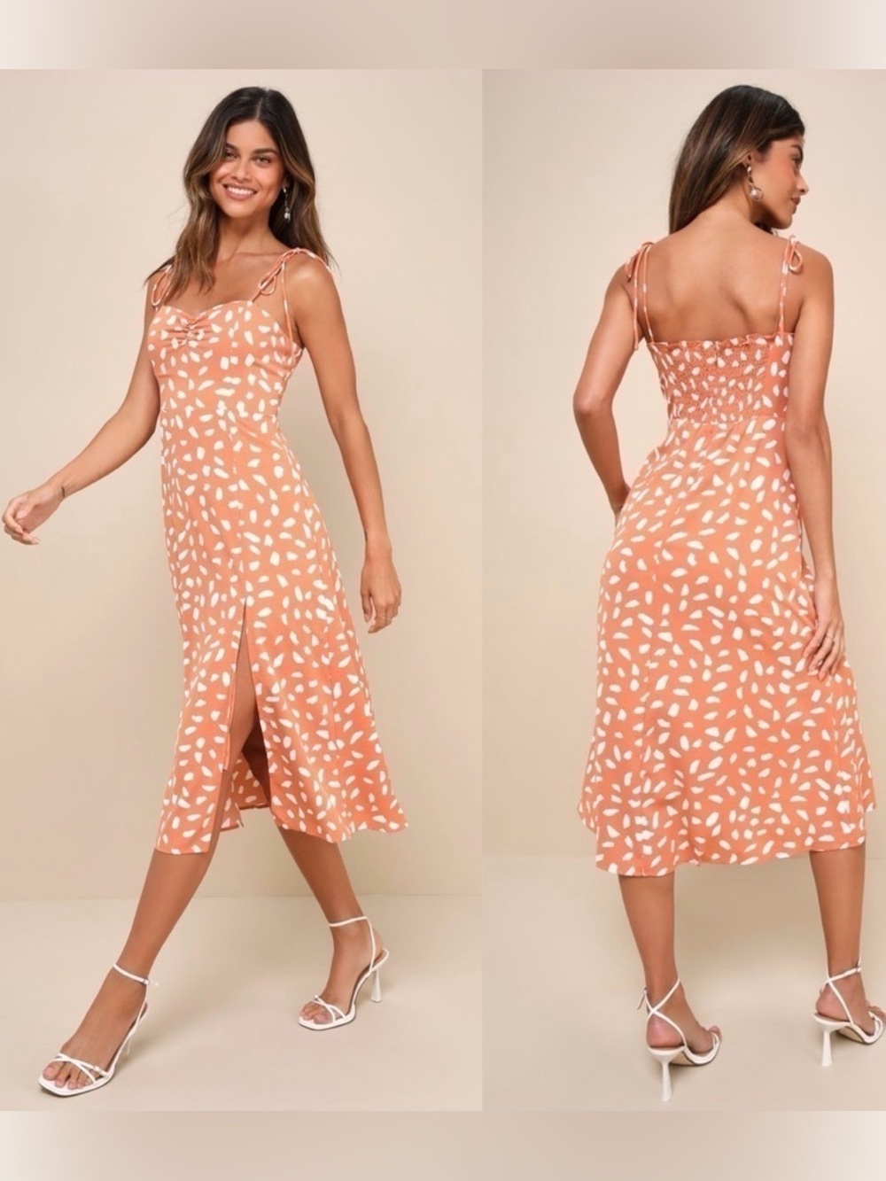 Lulu's Party in Paris Light Orange Print Tie-Strap Midi Dress